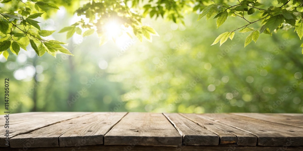Leinwandbilder a rustic wooden table top with a blurred backdrop of a green forest illuminated by sunlight.