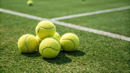 A group of yellow tennis balls sit on a green grass court, waiting for the next serve.