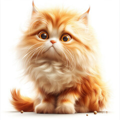 Fluffy 3D Persian cat with sparkling eyes sitting gracefully on a white background in a heartwarming style