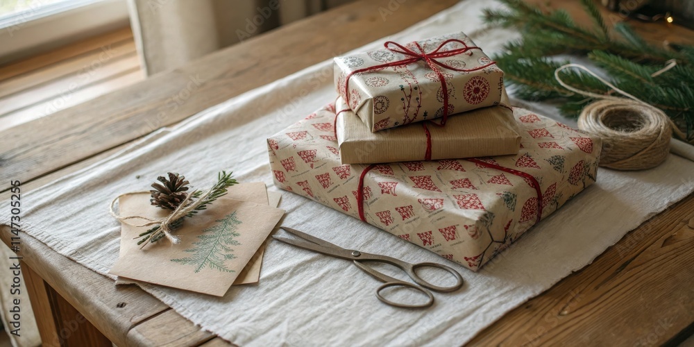Poster christmas gifts wrapped in festive paper with a sprig of evergreen and a pine cone on a linen tablec
