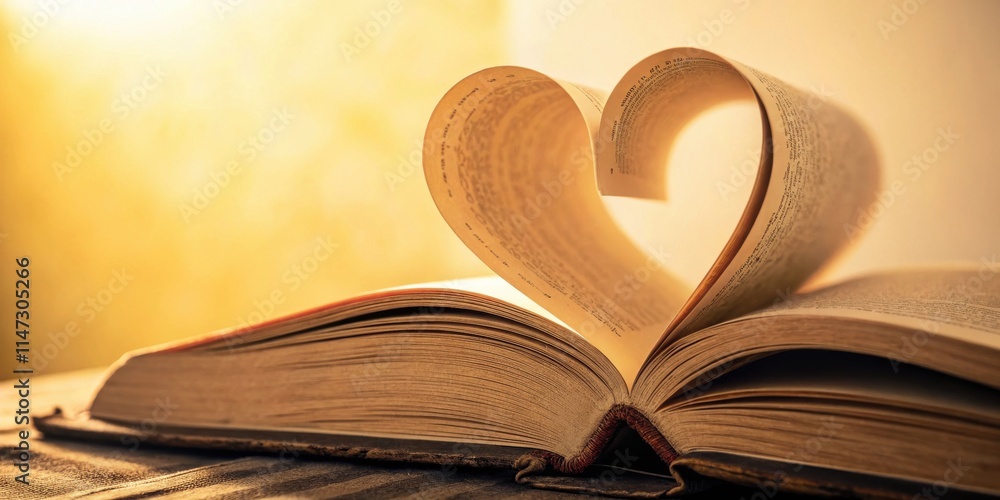 Poster a book open in a heart shape, illuminated by warm light, symbolizing love for literature and the pow