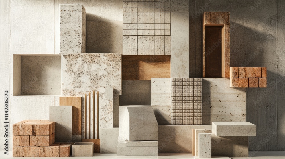 Poster various construction materials including bricks, wood, and concrete blocks arranged in a minimalisti