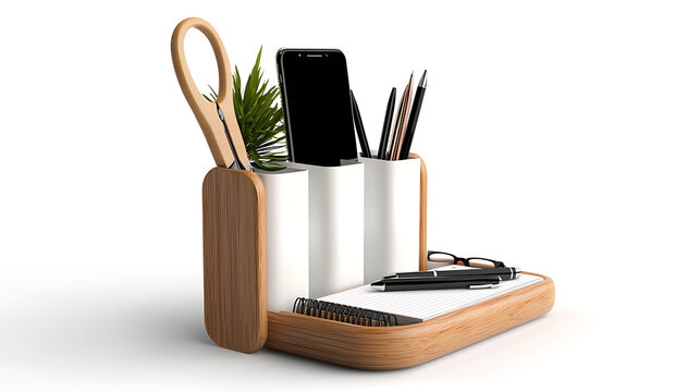 A wooden desk organizer with a phone, pen, and pencils - Powered by Adobe