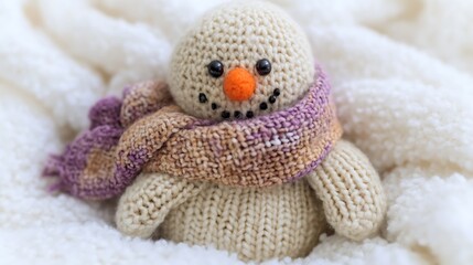 Cozy Crochet Snowman: A charming knitted snowman wearing a colorful scarf, nestled in a soft white blanket, evokes warmth and wintery charm.  