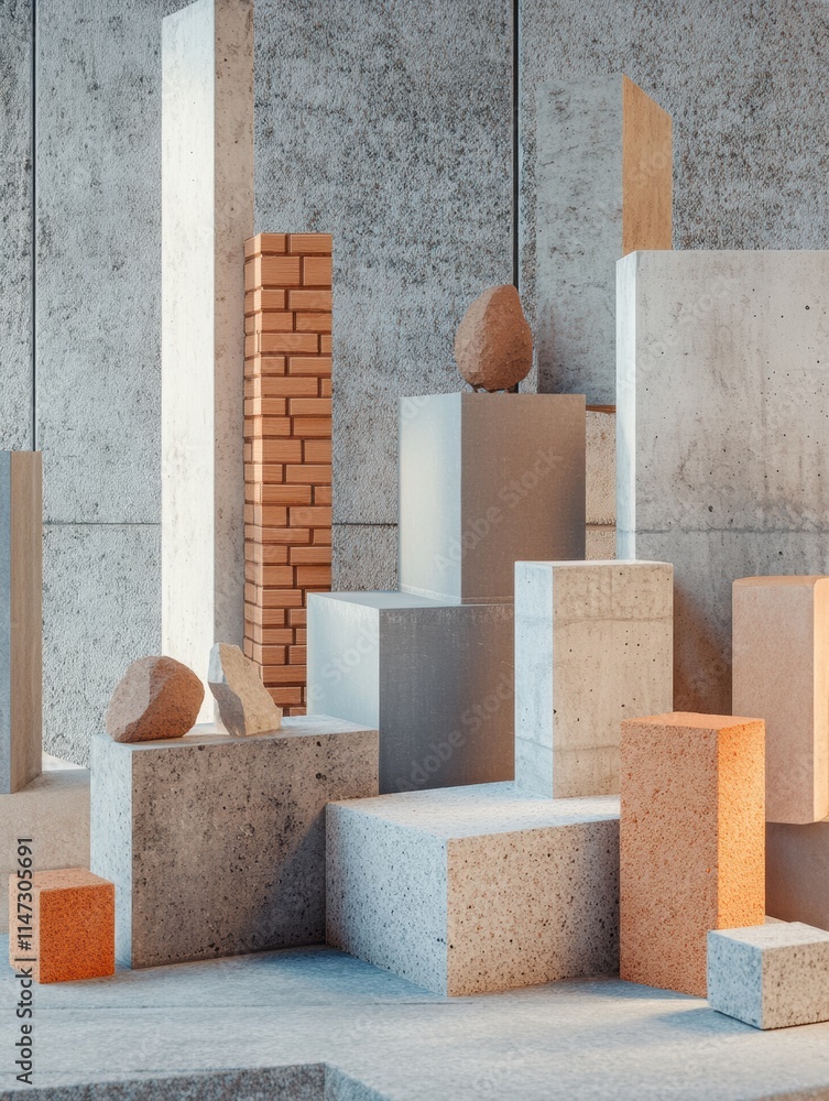 Poster display of assorted construction materials including bricks, wood, and concrete blocks for design in