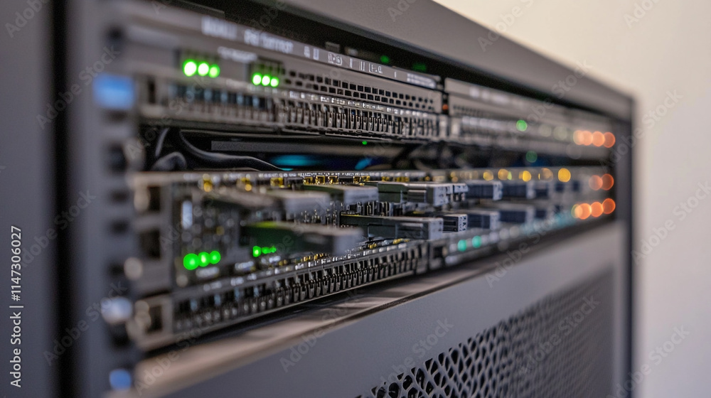 Poster modern data center equipment with active network switches and indicators.