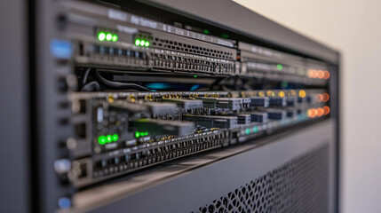Modern data center equipment with active network switches and indicators.  