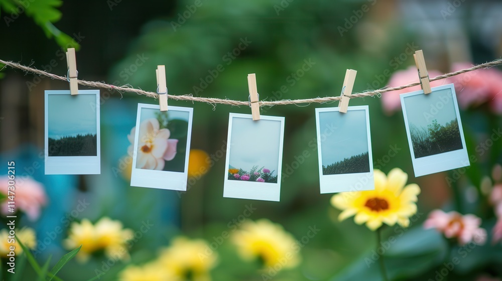 Poster polaroid photos hanging on a string with clothespins in a vibrant garden setting. generative ai