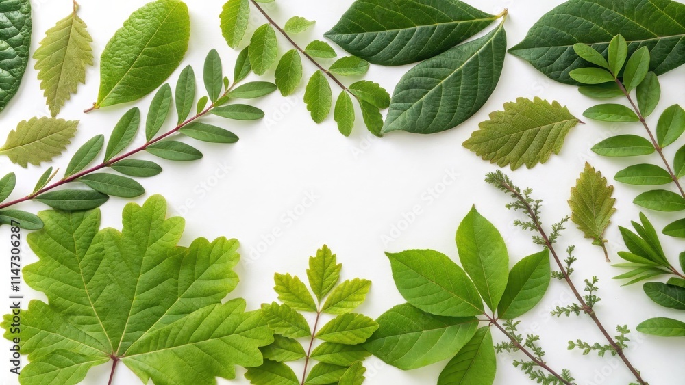 Poster a frame of diverse, verdant leaves arranged in a symmetrical pattern on a pristine white background,