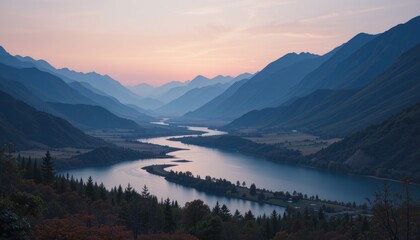 Serene mountain landscape at sunset with a winding river reflecting the sky.