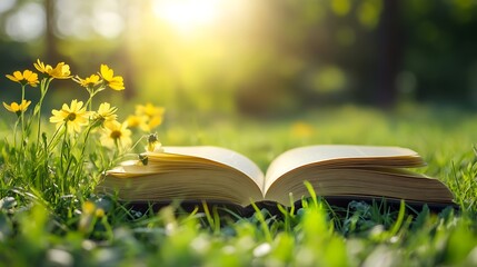 Open book in a meadow, sunlight and flowers. Concept of nature, reading, and tranquility.