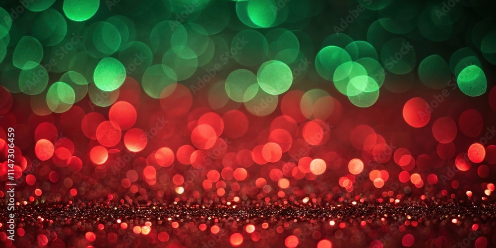 Poster abstract festive background with red and green bokeh lights and glitter