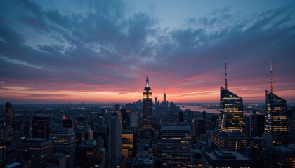Obraz premium A stunning city skyline at sunset, showcasing vibrant colors and iconic buildings.