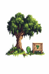 Pixel Art Weeping Willow Tree Game Asset, Signpost, Cactus.