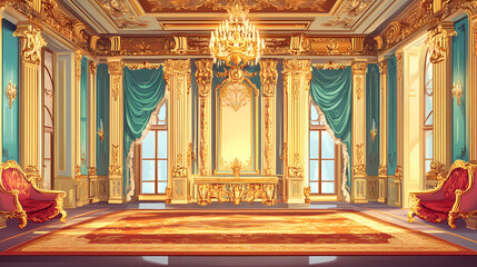 Obraz premium Grand palace interior with gilded walls ornate ceilings and opulent furniture royal architecture. Gilded. Illustration