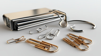 A collection of different colored and sized paper clips are on a white surface