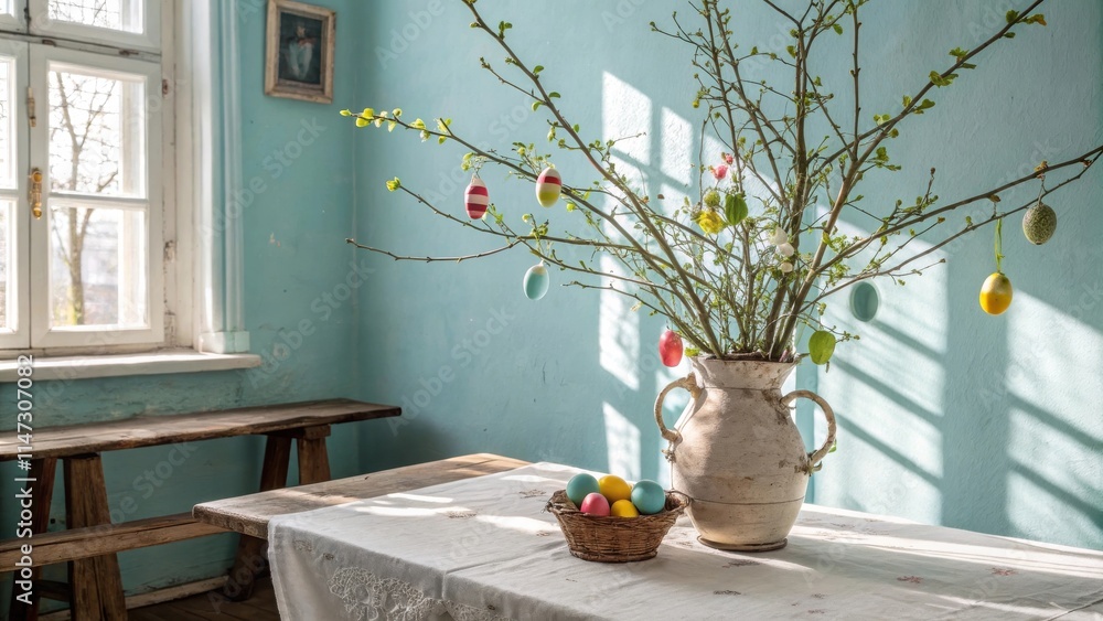Aufkleber A rustic table setting with a vase of blooming branches and a basket of Easter eggs against a pale blue wall