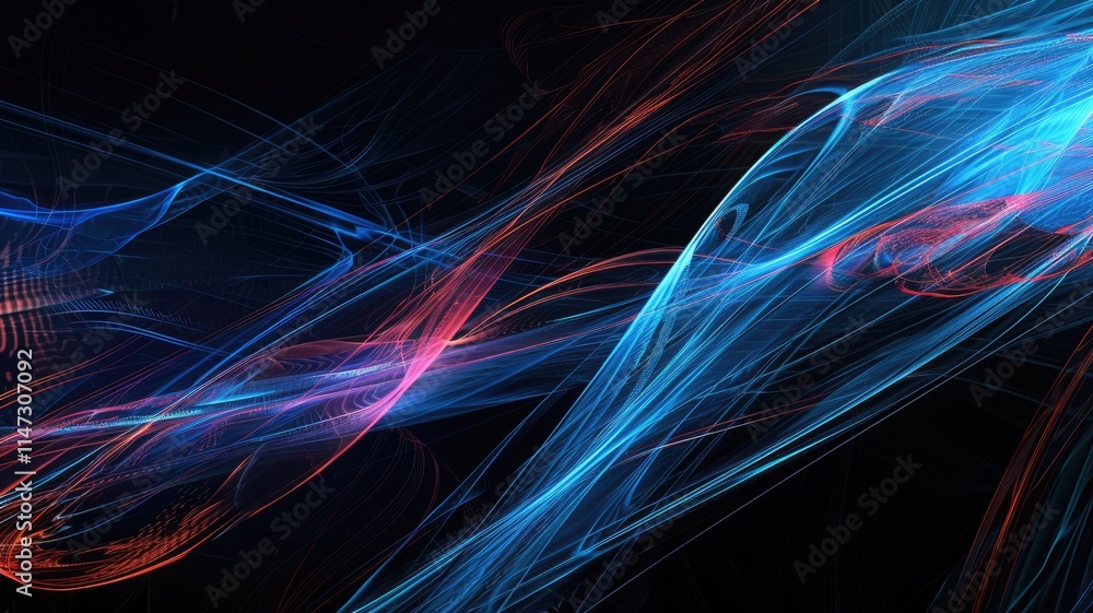 Poster this mesmerizing abstract image features vibrant blue lines gracefully overlapping on a deep black b