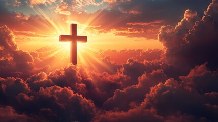 Fototapeta premium A dramatic silhouette of a Christian cross and an American flag in the foreground, with glowing beams of light breaking through sunset clouds.