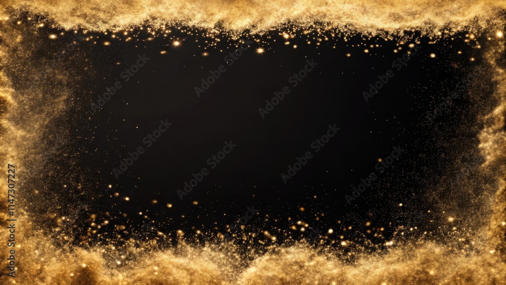 Poster a luminous golden frame of sparkling dust particles against a dark backdrop, creating a magical and 