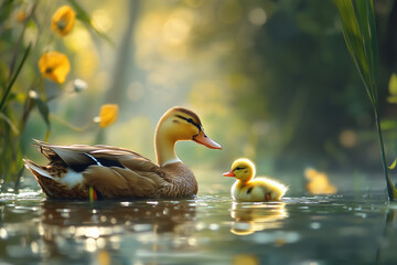 A baby duckling following its mother across a pond, paddling with tiny feet
