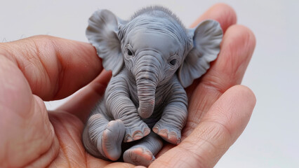 Obraz premium Tiny baby elephant cradled in human hands
