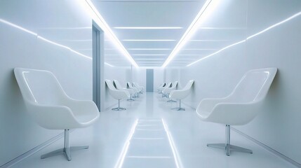 Obraz premium Modern Empty Hospital Corridor with Sleek White Chairs and Lighting