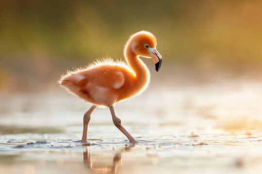 A baby flamingo practicing balancing on one leg, wobbling adorably in the shallow water