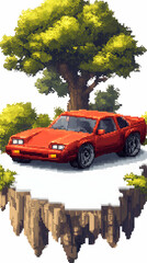 Red sports car on pixel art island, tree background, game asset.