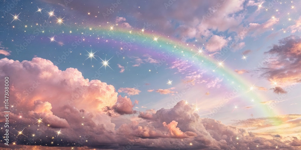 Poster a dreamlike celestial landscape with a rainbow arching through fluffy clouds, shimmering with sparkl