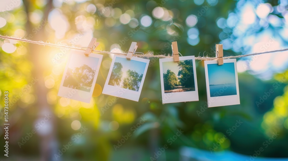 Leinwandbilder unique polaroid pictures displayed on a string with clothespins in a vibrant outdoor setting filled 