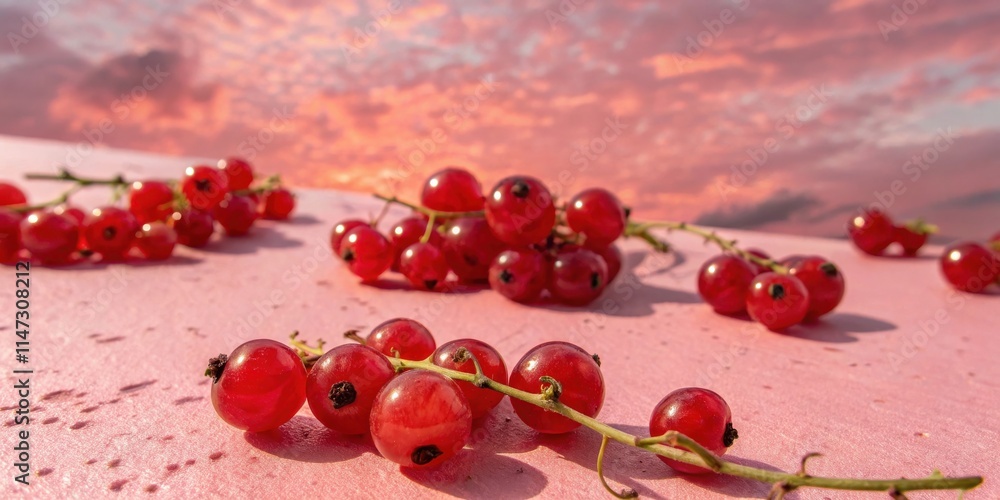 Poster red currants on pink surface with soft-focus sunset background
