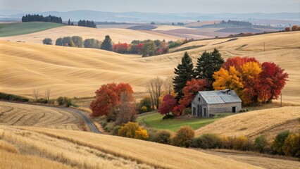 A rustic farmhouse nestled among rolling hills, surrounded by vibrant autumn foliage, creating a picturesque landscape.