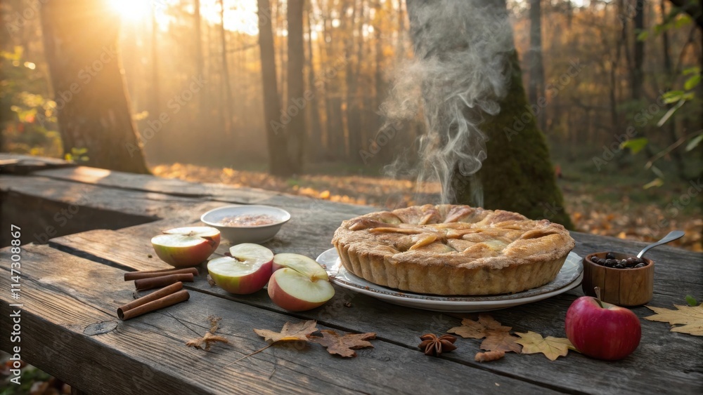 Poster a steaming apple pie sits on a rustic wooden table in a forest setting, surrounded by autumn leaves,