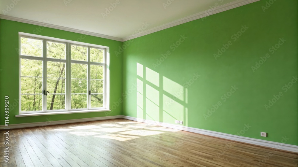 Poster sunlight streams through a large window in a spacious room with green walls and hardwood flooring.