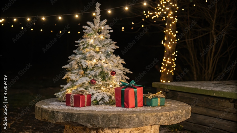 Poster a christmas tree with twinkling lights, adorned with snow, sits beside a stone table with wrapped pr