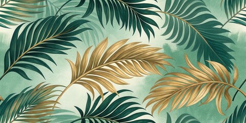 A Seamless Pattern Featuring Intricate Palm Leaves in Shades of Green and Gold, Evoking a Tropical Oasis