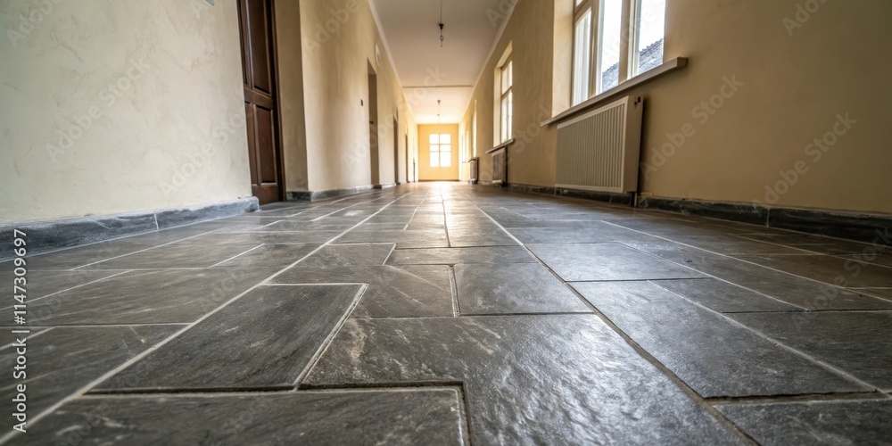 Poster a long hallway with a tiled floor, a large window and wooden door at the end, illuminated by the sun