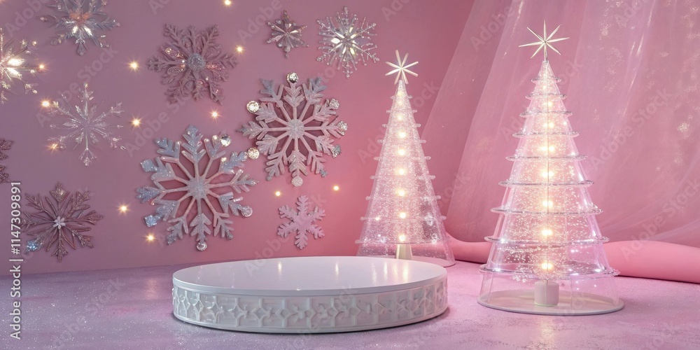 Poster a sparkling winter wonderland with two glowing trees and a decorative pedestal, surrounded by shimme