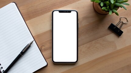 Phone Mockup and Notebook Flat Lay with Modern Workspace Essentials on Wooden Desk Background
