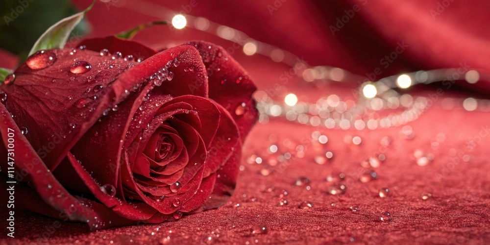 Poster a single red rose, delicately adorned with water droplets, rests upon a soft, crimson surface, illum