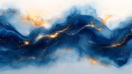 Abstract blue watercolor with golden splashes on white background. Generative AI