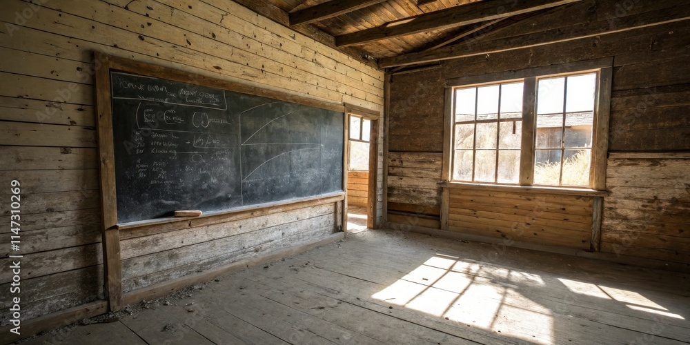Poster a ghost of education an empty classroom with a chalkboard filled with equations and a patch of sunli