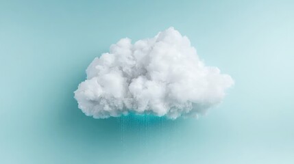 Fluffy white cloud with teal rain on light blue background.
