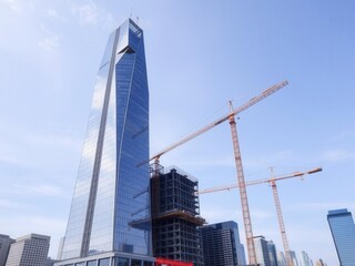 Naklejka premium Futuristic high rise buildings under construction in urban area, growth, high end, tall