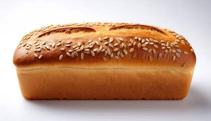A rectangular loaf of bread, with seeds, is placed on a plain white background.