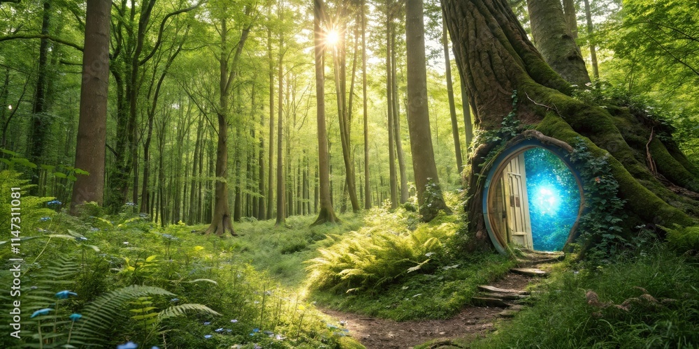 Aufkleber a mystical door carved into the trunk of a moss-covered tree in a sun-drenched forest leads to a rea