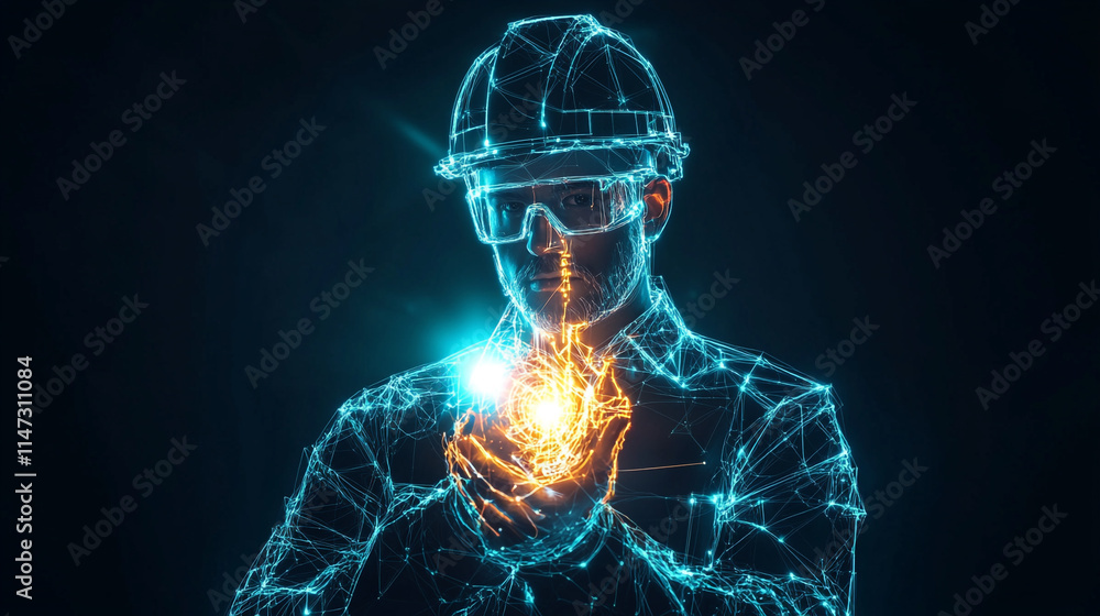 Poster digital engineer creating energy in a futuristic setting.