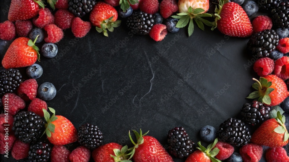 Poster A frame of fresh, vibrant berries surrounding a dark background, creating a beautiful and inviting centerpiece for any summer occasion.