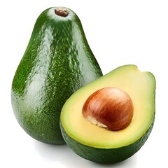 A whole avocado stands beside a halved one, displaying the pit, on white background.